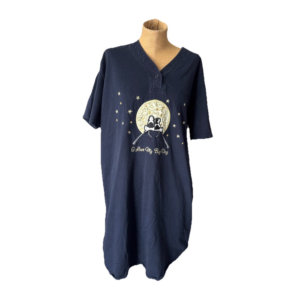 VTG Y2K Big Dogs Sleep Shirt Gown 100% Cotton "I Love My Big Dog" Navy Large XL